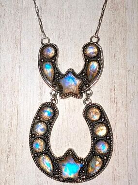 Stunning Blue Moonstone Star & Double Horseshoe Sterling Necklace